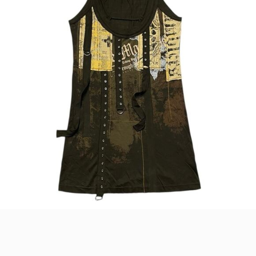 NWOT SALVAGE Unique INASANE Graphic Print Straps With Grommets All Over Top. L
